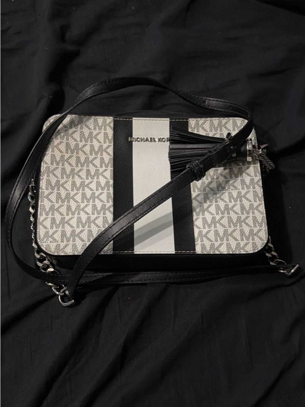 Michael Kors Signature Stripe Crossbody Bag in Black and White